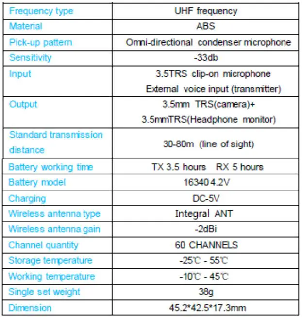 FeiDu FM40N true diversity wireless microphone User Manual - Product Parameters