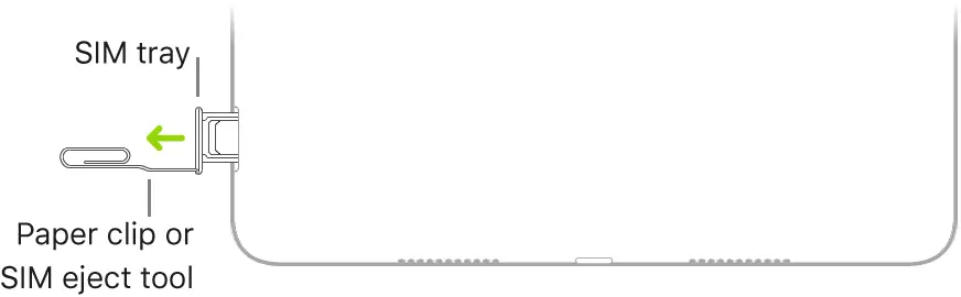 A paper clip or SIM eject tool is inserted into the small hole of the SIM tray on the right side of iPad.