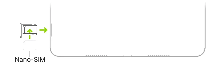 A nano-SIM being inserted into the SIM tray on iPad; the angled corner is in the upper left.