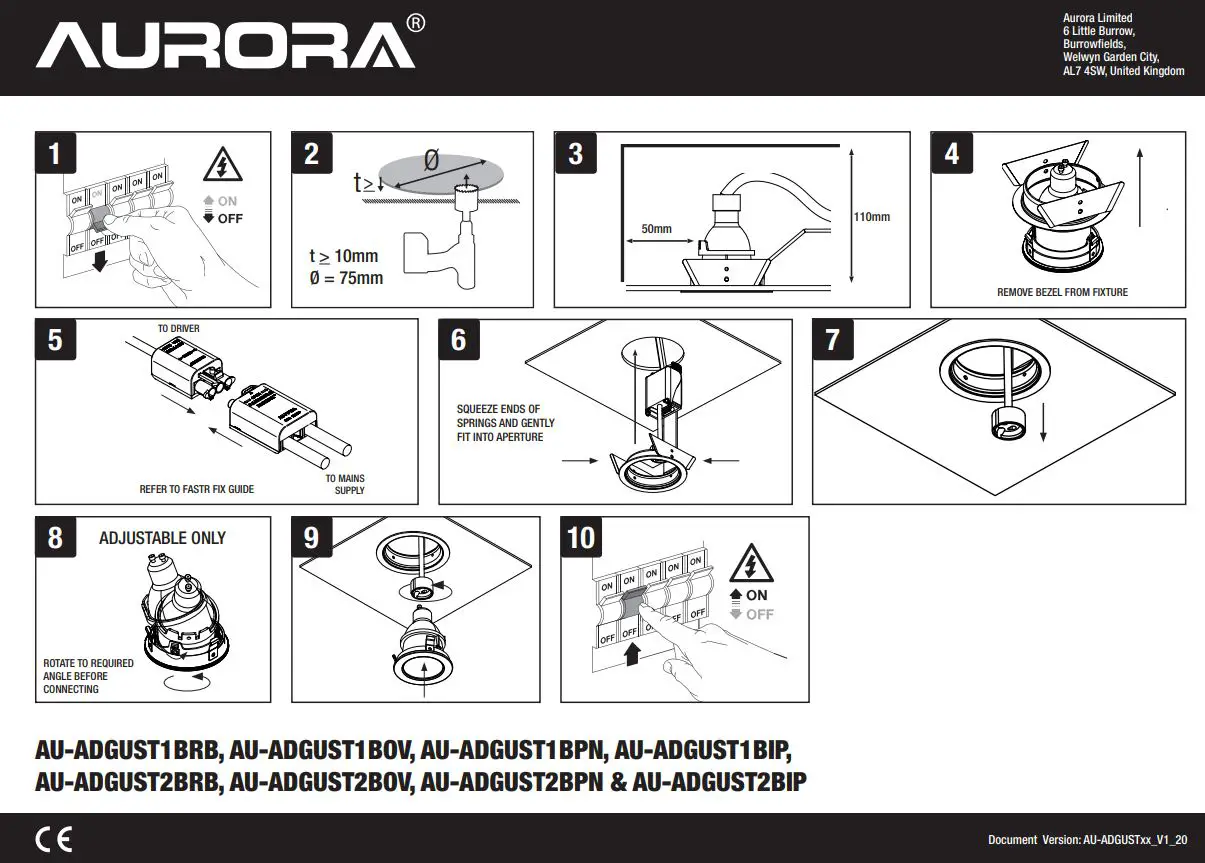 AURORA AU-ADGUST1BRB Fixed Round Recessed Baffle Downlight Installation Guide