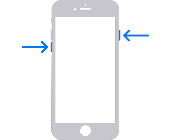 An iPhone with arrows pointing to the side button and the volume down button.