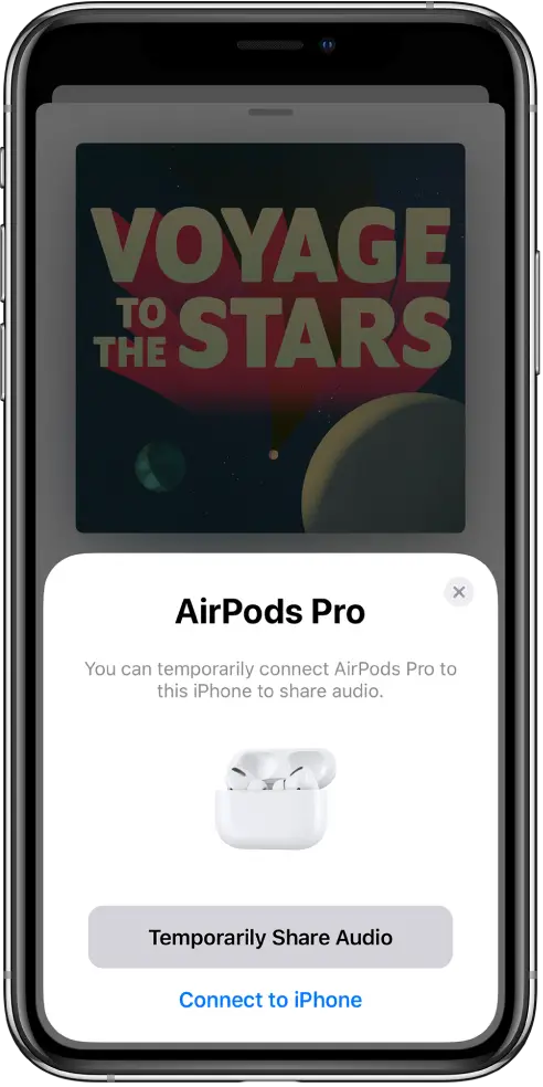 An iPhone screen showing AirPods in an open charging case. Near the bottom of the screen is a button to temporarily share audio.