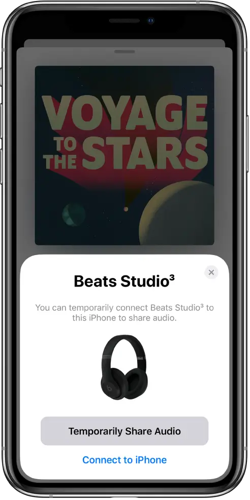 An iPhone screen showing Beats headphones. Near the bottom of the screen is a button to temporarily share audio.