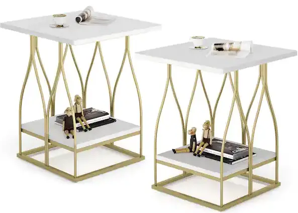 Tribesigns TJHD-QP-1613X2 Gold Short Square White Faux Marble Veneer Wood End Table PRODCUT