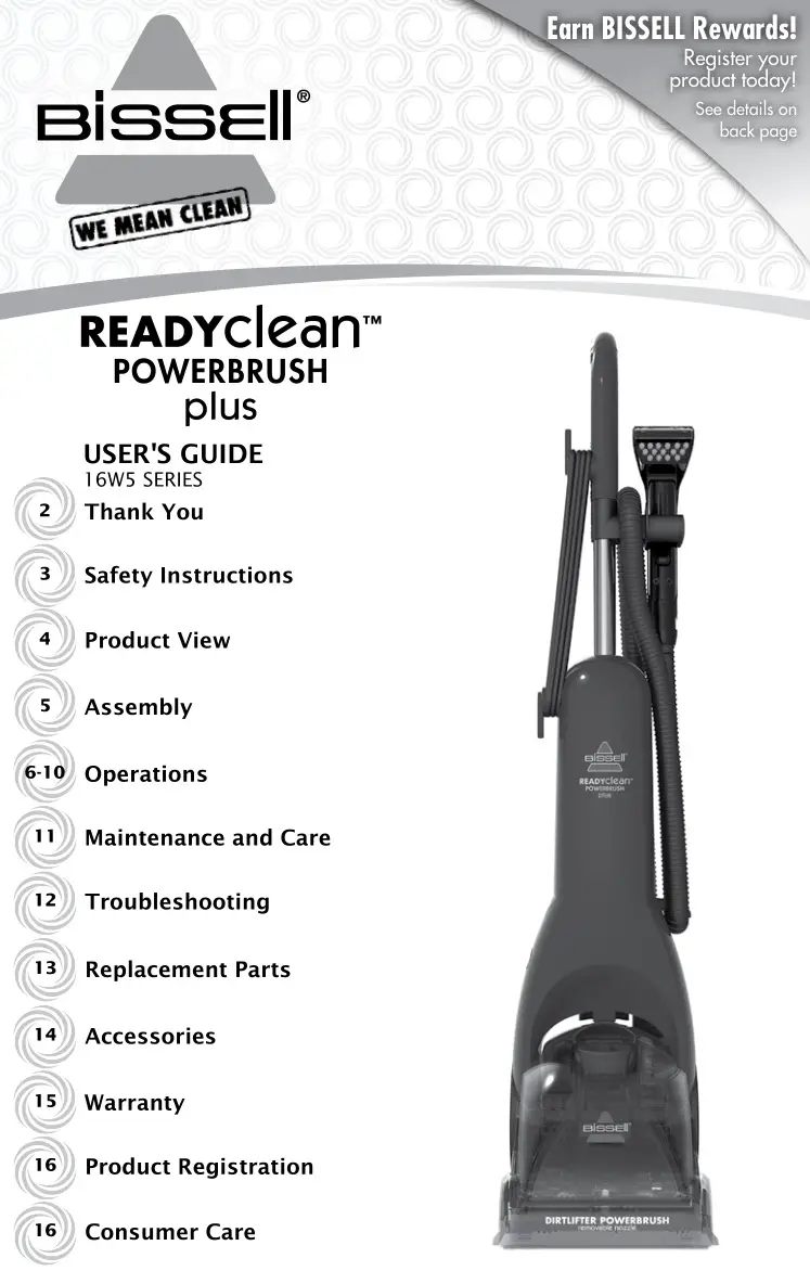 Bissell 16W5 Series Readyclean Powerbrush Plus User Guide