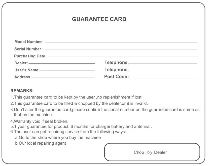 GoCom GD100 Digital Radio - GUARANTEE CARD