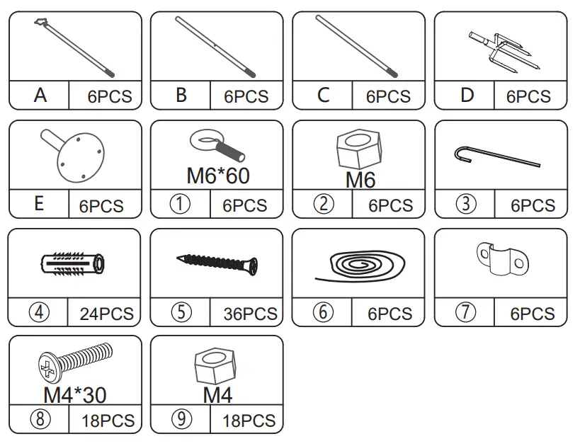 JAXSUNNY HG61W1208 Ox Horn Lamp String Holder 6pcs - Hardware List