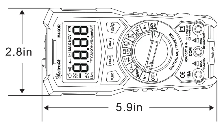 AstroAI ASIM4K0R True RMS 4000 Count Digital Multimeter - DIMIENSIONS
