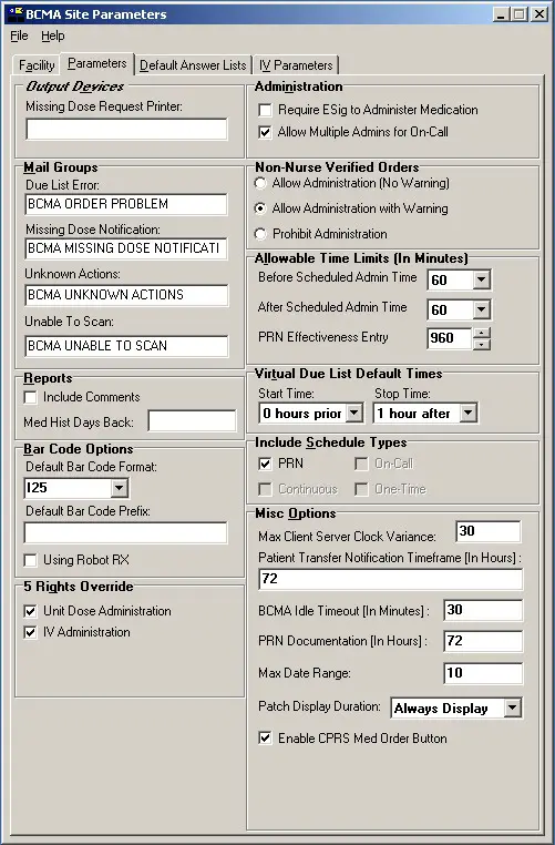 BAR CODE MEDICATION ADMINISTRATION - Site Parameters Available