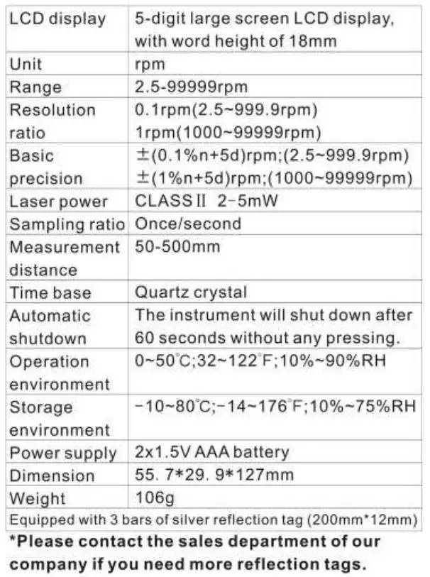 BENETECH GM8905 LCD Digital Laser Tachometer Instruction Manual - Technical parameter