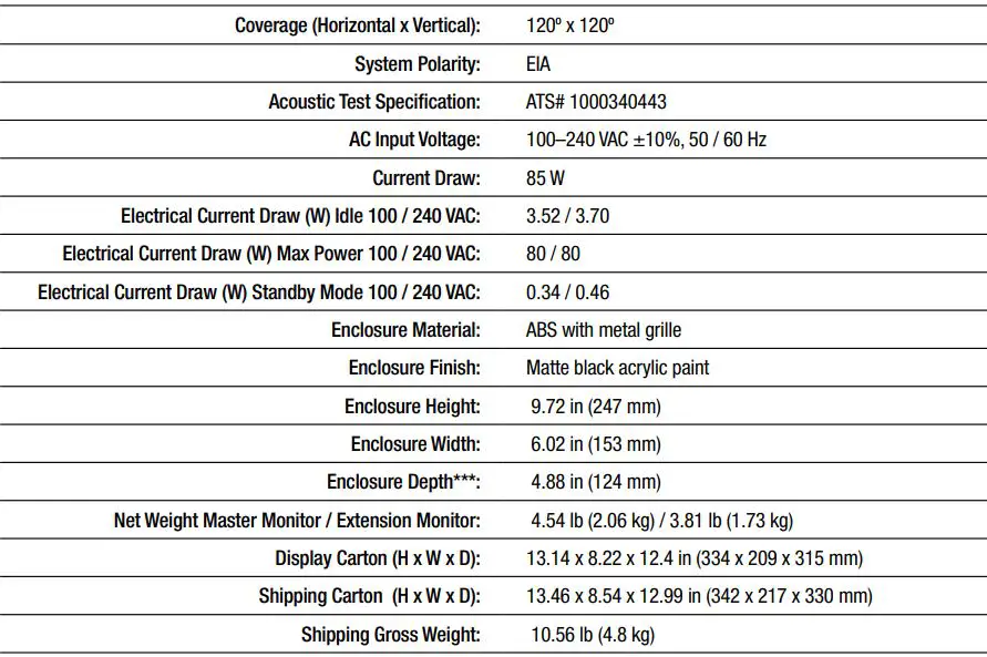 JBL Extension Monitor Master Monitor Subwoofers User Guide - Specifications