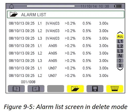 UNI T UT285C Power Quality Analyzer Alarm list screen1