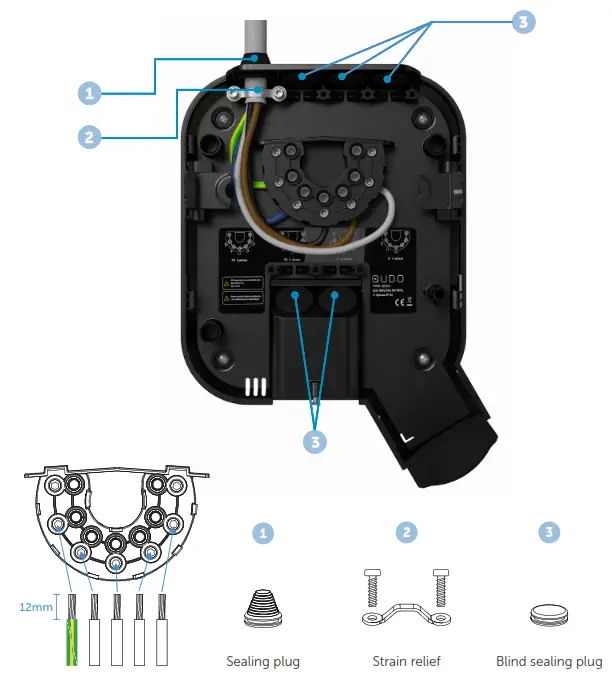 QLight 6611000 Qudo Charging Box 22kW 1+3-phase Type2 - cable cores
