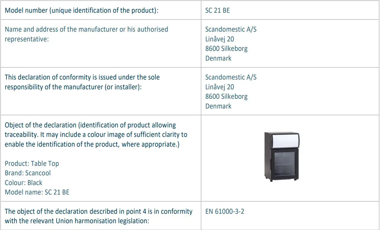 SCANCOOL SC 51 BE 1 Door Beverage Cooler User Manual - EU DECLARATION OF CONFORMITY