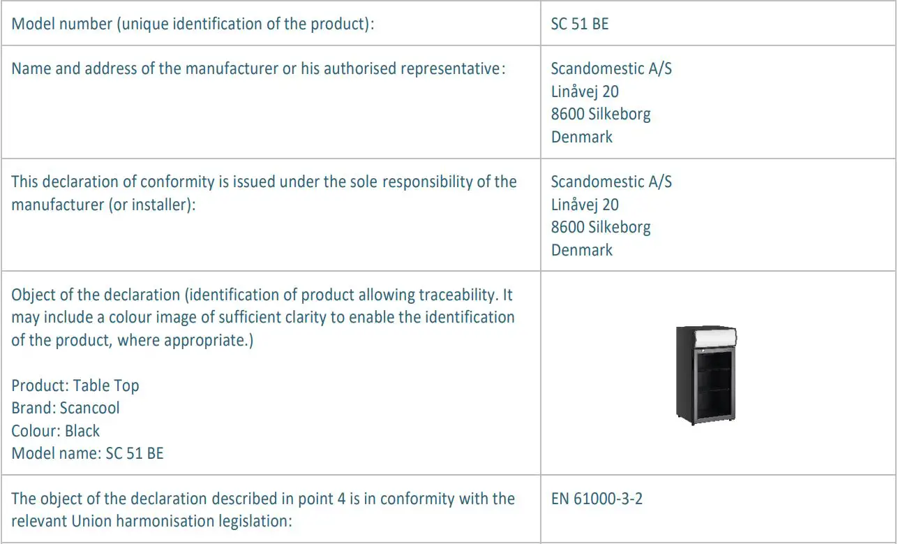 SCANCOOL SC 51 BE 1 Door Beverage Cooler User Manual - EU DECLARATION OF CONFORMITY