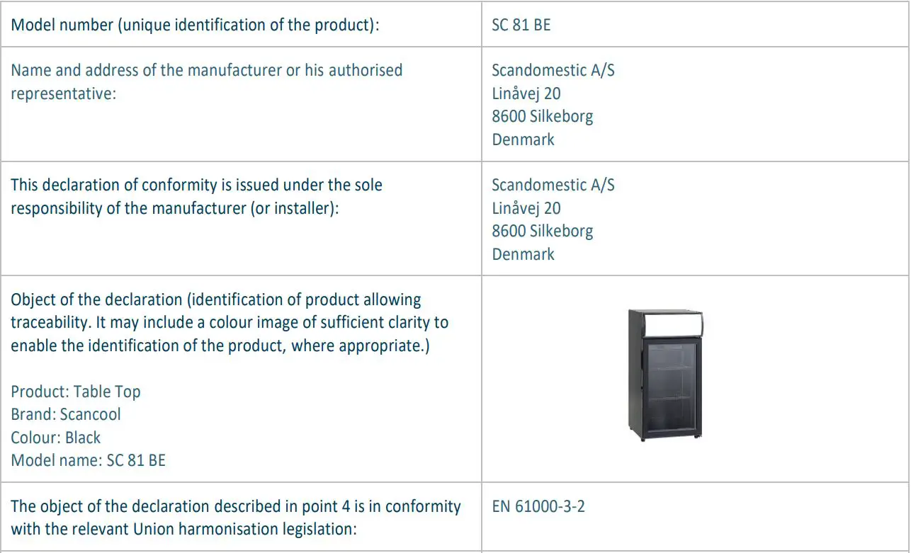 SCANCOOL SC 51 BE 1 Door Beverage Cooler User Manual - EU DECLARATION OF CONFORMITY