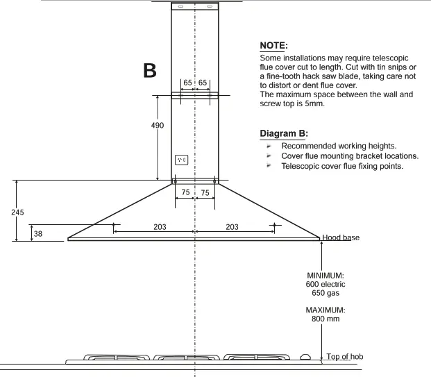 CHEF CRC612SB 60cm Canopy Rangehoods - Dimensions are in millmetres