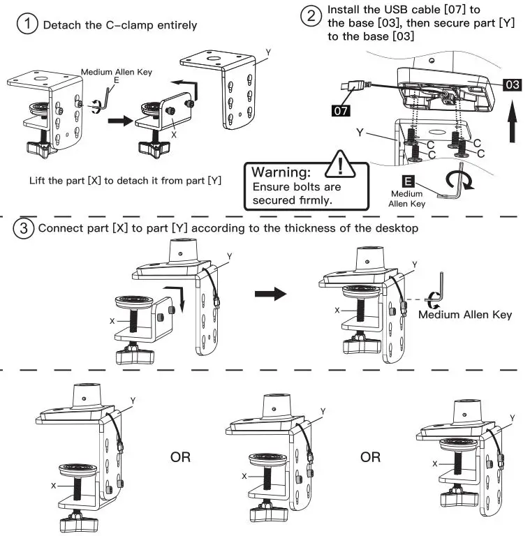 HUANUO Monitor Desk Mount - Install the USB Cable and C Clamp