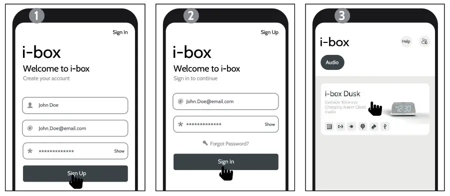 i box WJ 288APP Dusk Radio Alarm Clock with Wireless Charging- Signing In
