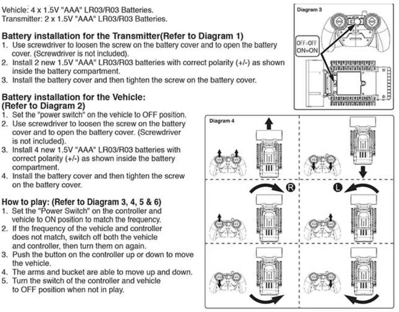 Maisto 82183 2.4GHz RC T590 Compact Track Loader User Manual - Battery Requirement