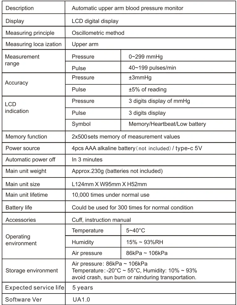 Smilecare U81RH Upper Arm Electronic Blood Pressure Monitor Instruction Manual - Specification