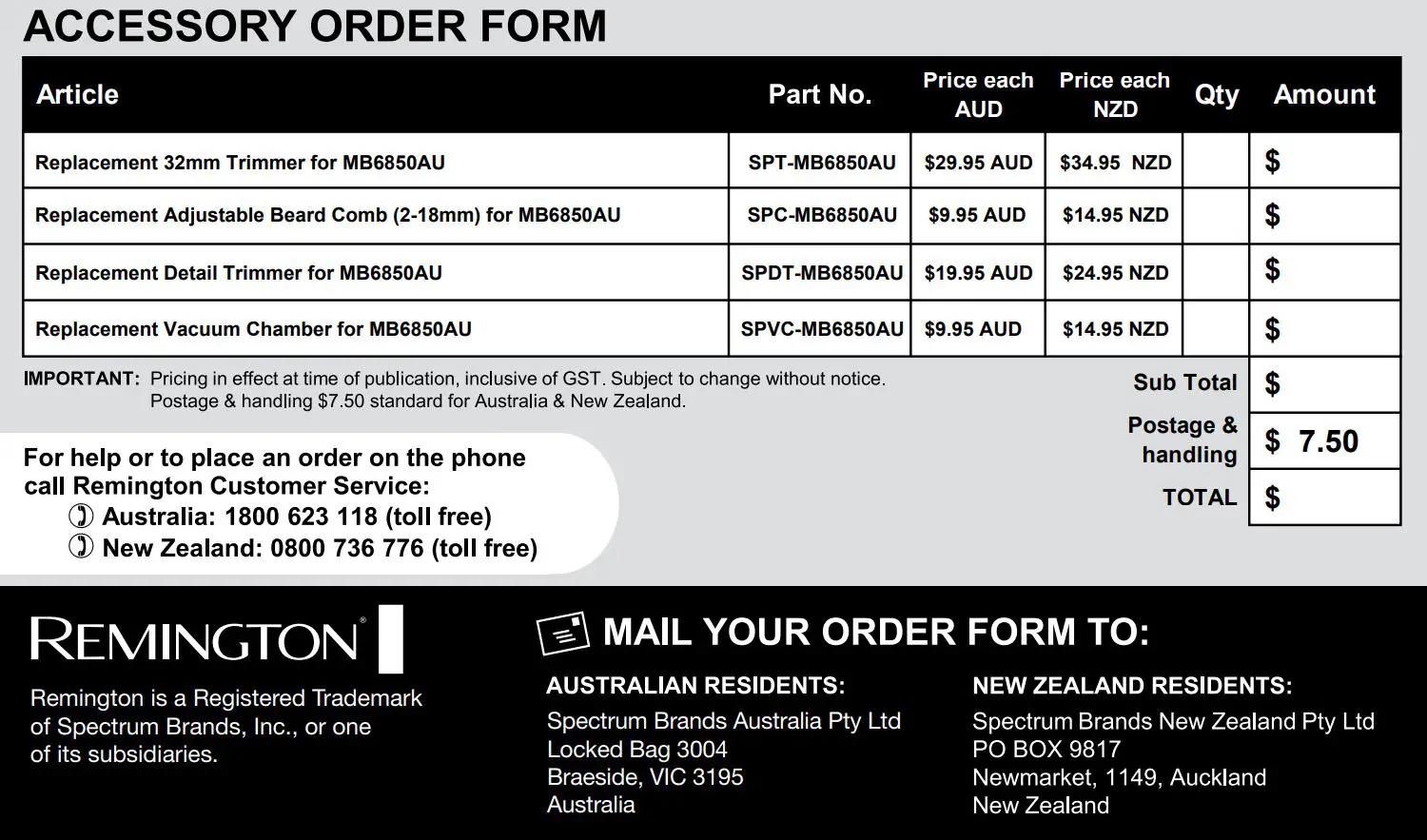 REMINGTON Vac Trim Beard Trimmer User Manual - Accessory order form