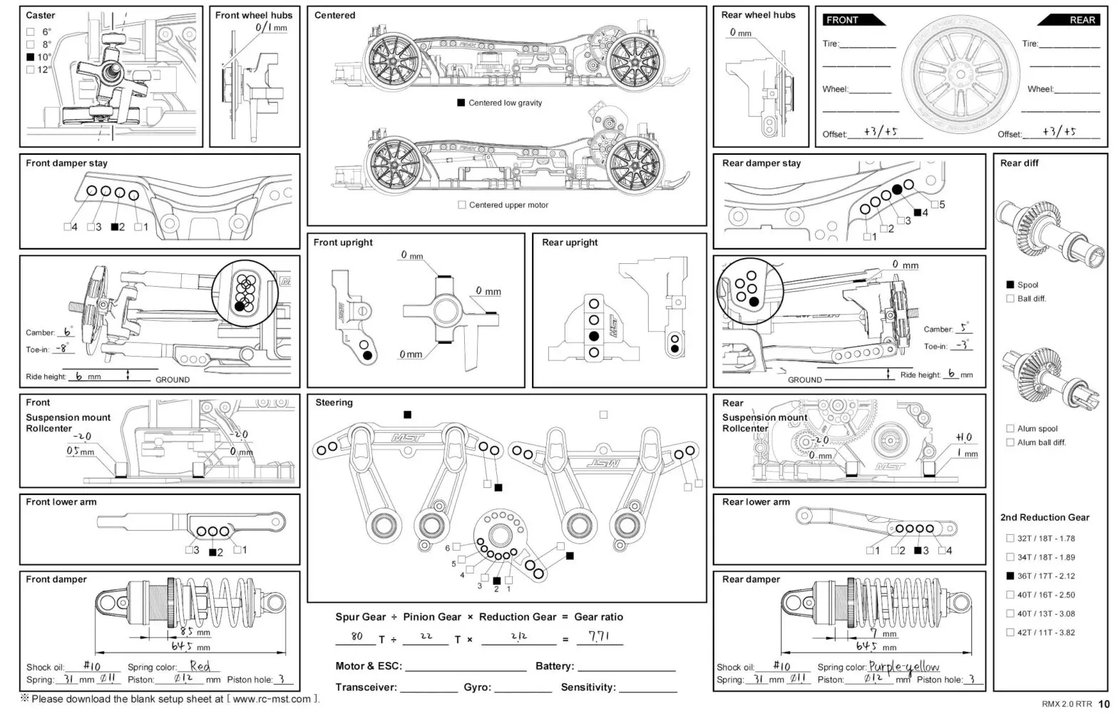 MST RMX 2 0 2WD Brushless RTR Drift Car - Setup Sheet Orginal Setting 1