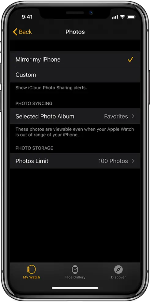 Photos settings in the Apple Watch app on iPhone, with the Photo Syncing setting in the middle, and Photos Limit setting below that.