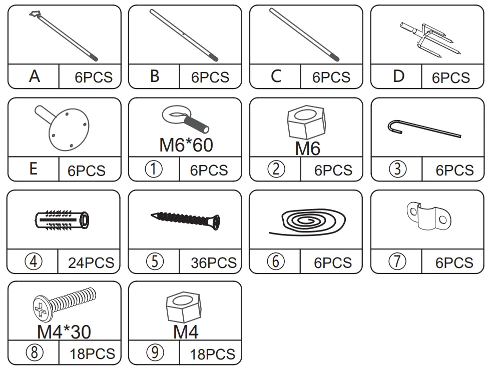 JAXSUNNY HG61U1207 Five Pointed Star Lamp String Holder 6pcs -Hardware List