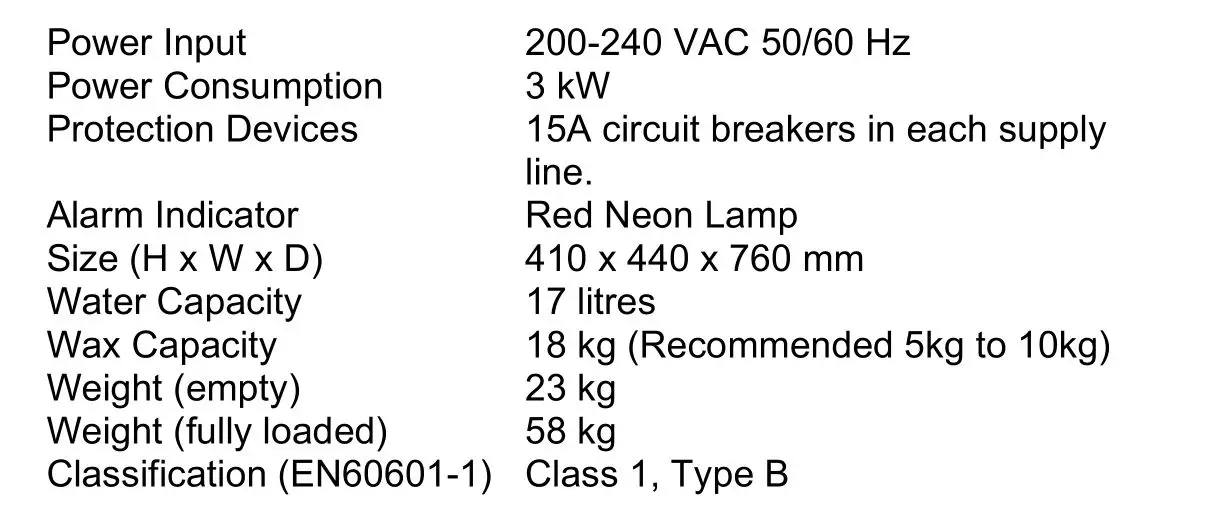 EMS Physio LNC884 Varitherm Wax Bath - Technical Specification