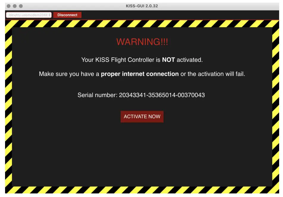 FETTEC FC G4-N Kiss FC G4 Flight Controller - Activate the FETtec FC G4 - N in the KISS GUI by pressing activate on the following prompt