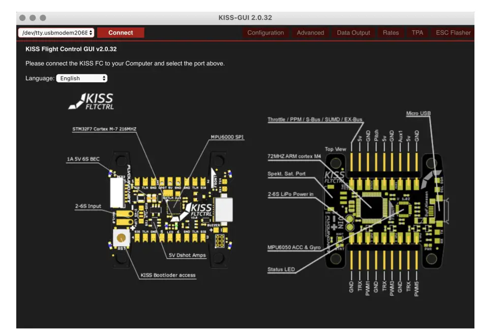 FETTEC FC G4-N Kiss FC G4 Flight Controller - After installing the KISS GUI connect the FETtec FC G4 - N via USB