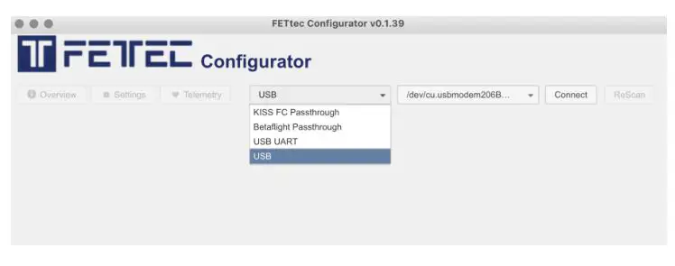 FETTEC FC G4-N Kiss FC G4 Flight Controller - choose USB and select the correct COM