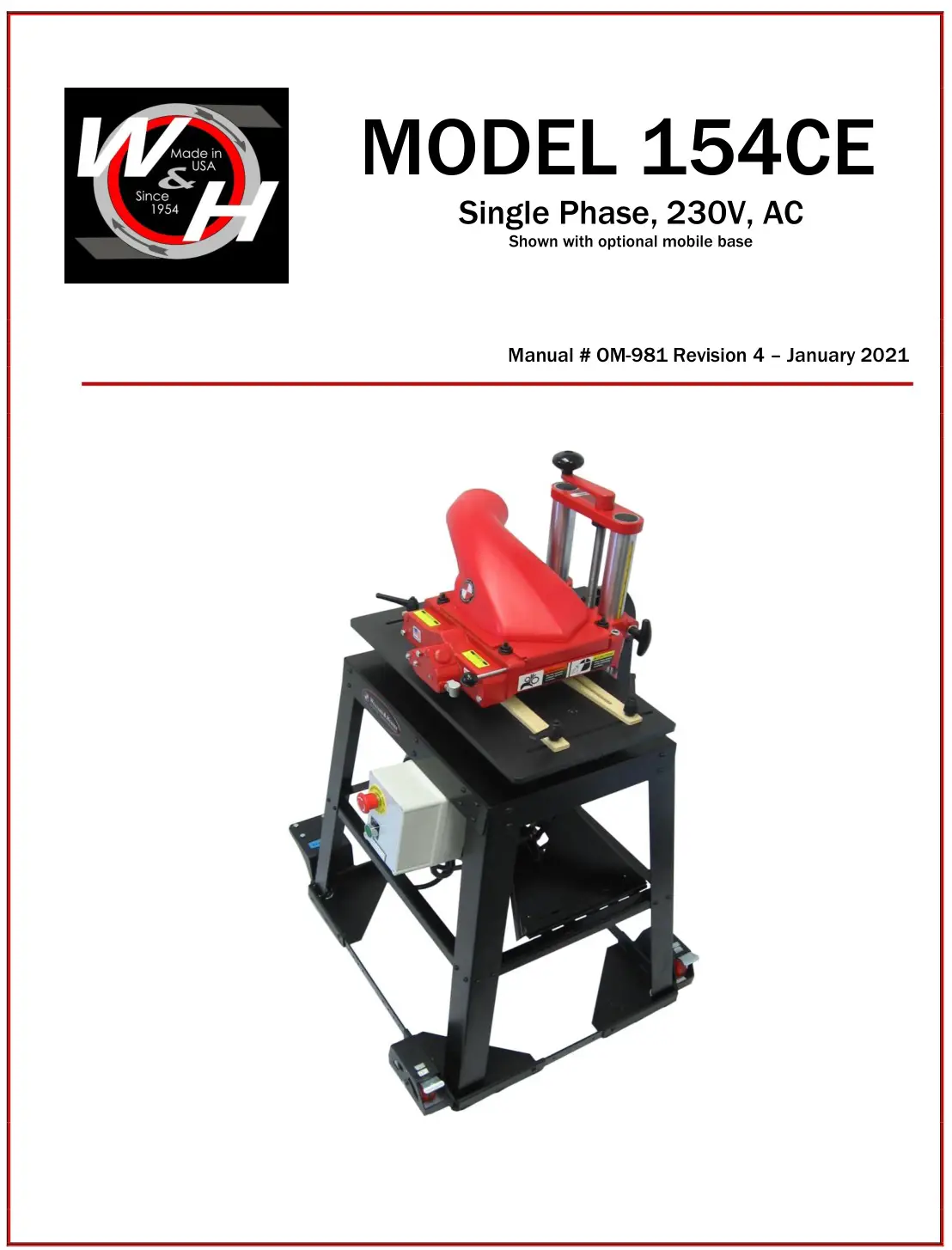 Williams Hussey 154CE Single Phase, 230V, AC Instruction Manual