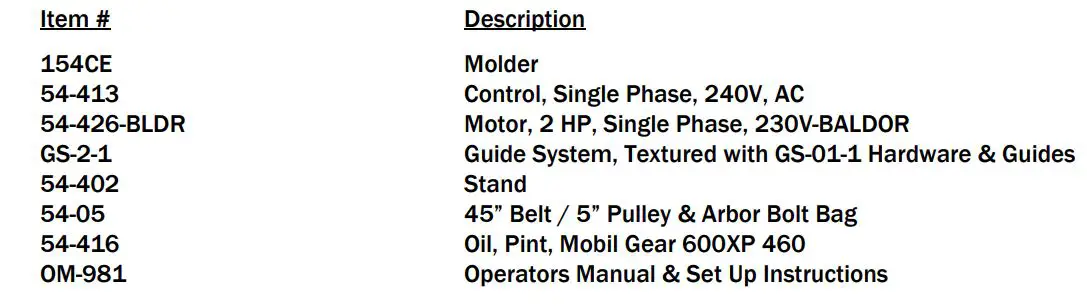 Williams Hussey 154CE Single Phase, 230V, AC - Molder Package Items