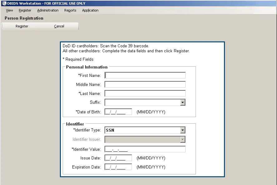 Figure 1. DBIDS Person Registration Screen
