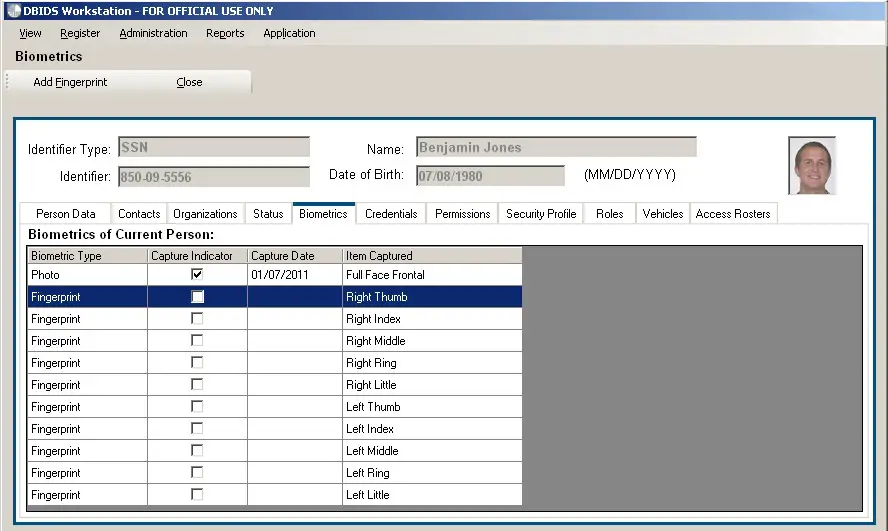 Figure 10. Biometrics – Selecting a Fingerprint