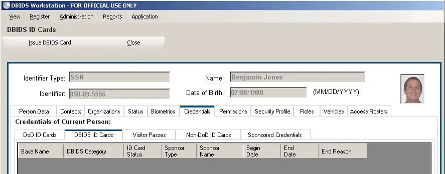 Figure 12. DBIDS ID Cards Screen