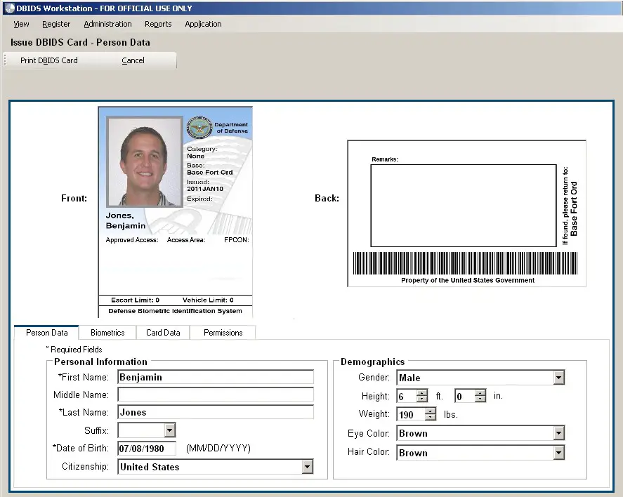 Figure 13. Issue DBIDS Card — Person Data Screen