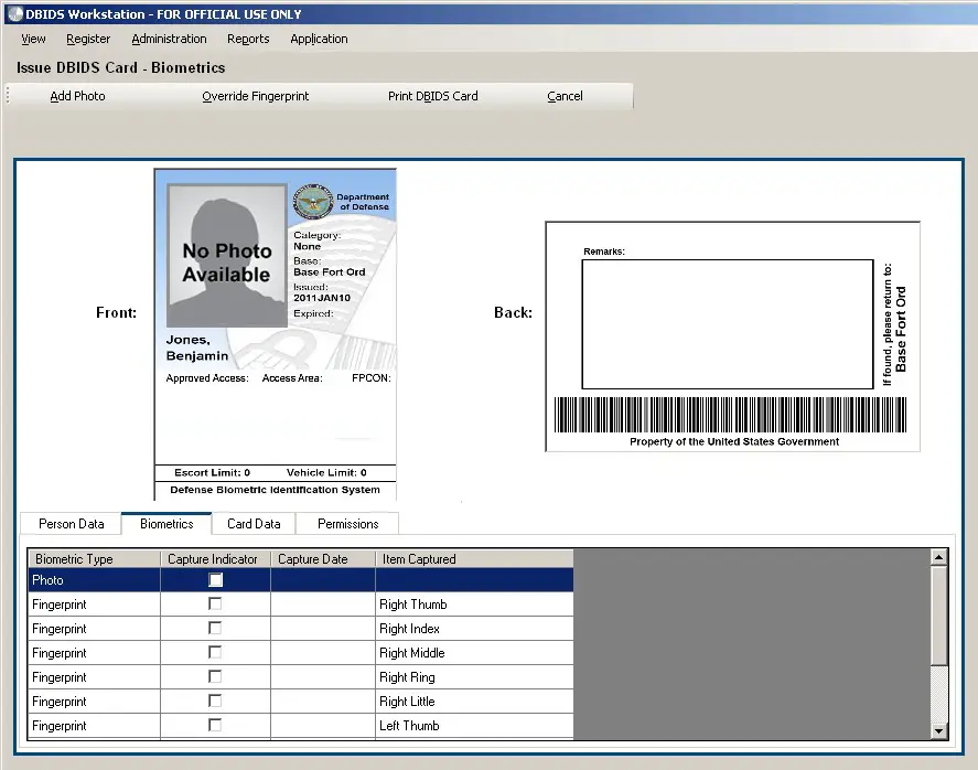 Figure 14. Issue DBIDS Card — Biometrics Screen