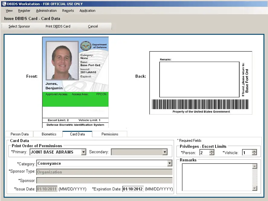 Figure 15. Issue DBIDS Card — Card Data Screen