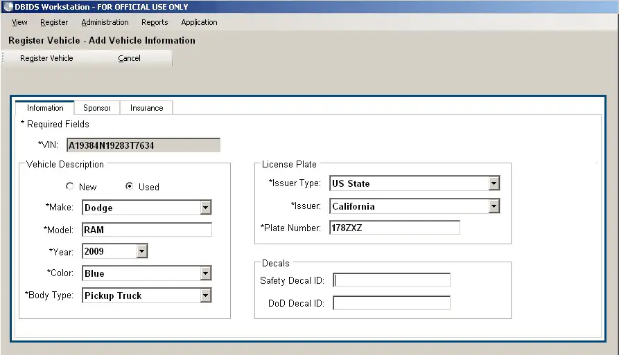 Figure 16. Register Vehicle – Add Vehicle Information Screen