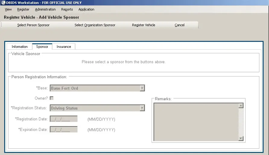 Figure 17. Register Vehicle – Add Vehicle Sponsor Screen