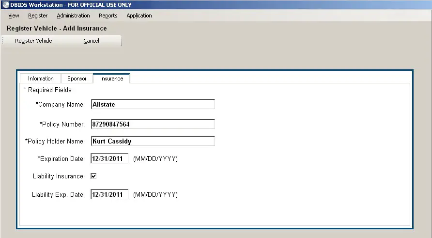 Figure 19. Register Vehicle – Add Vehicle Insurance Screen