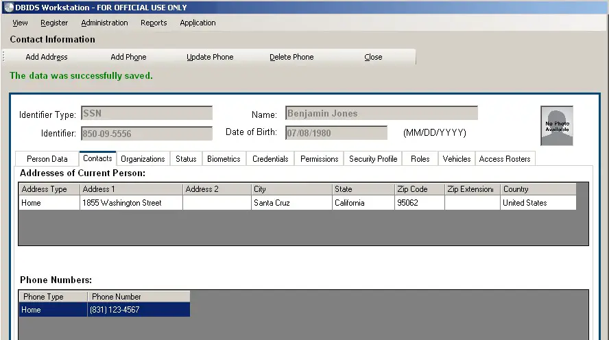 Figure 7. Contact Information Screen with Registrant’s Phone Number Added