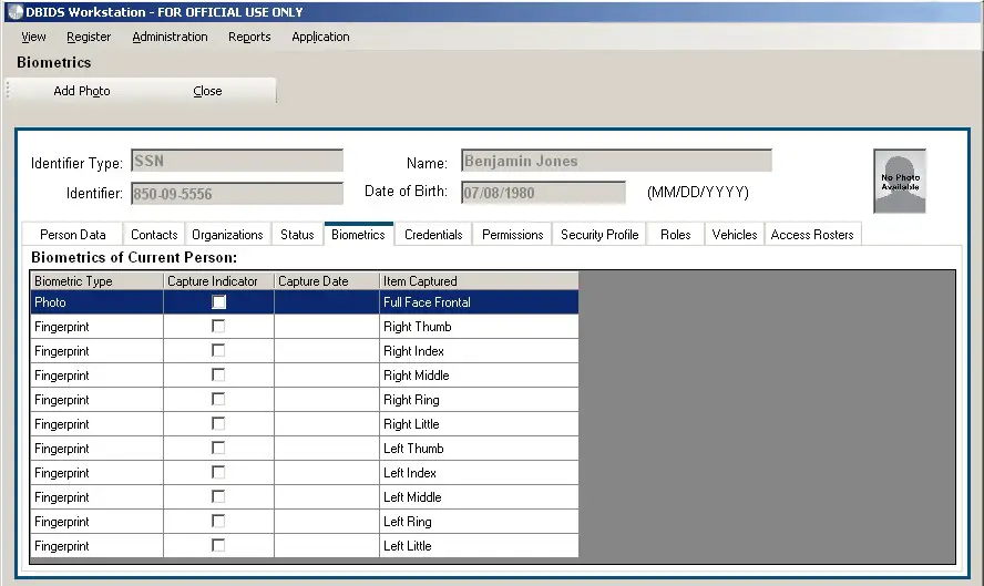 Figure 8. Biometrics Screen