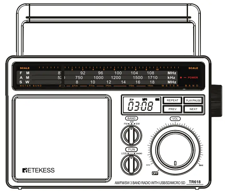 RETEKESS TR618 AM FM SW Portable radio Support USB SD and TF Card