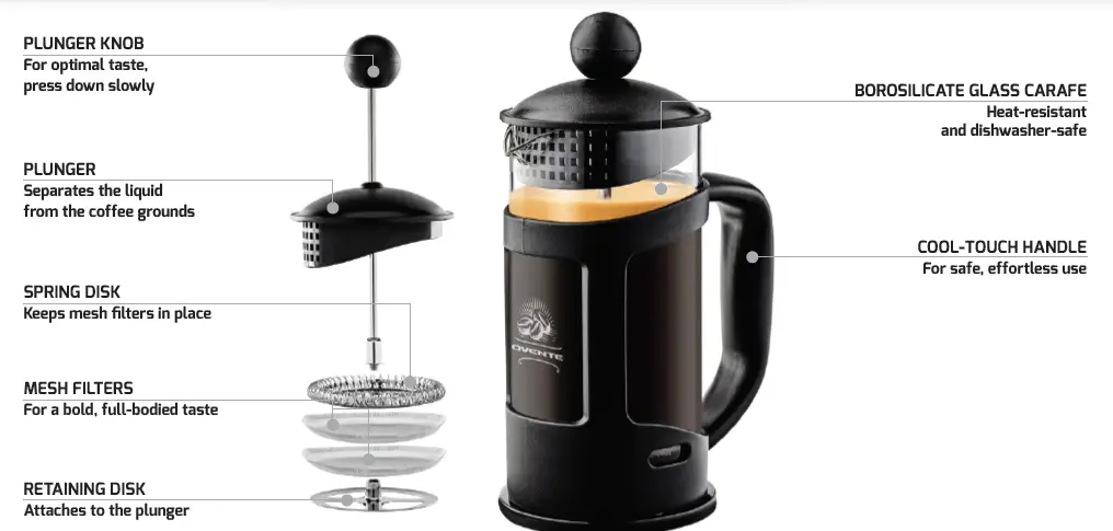 OVENTE FPB Series 1.5 Cup Black French Press Coffee Maker with Heat Resistant Borosilicate Glass 1