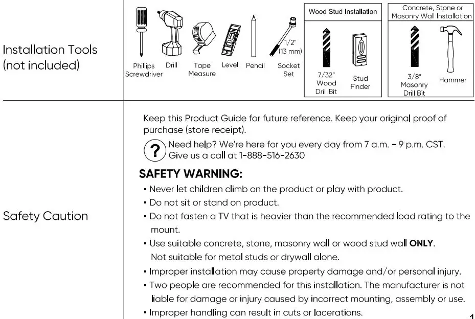 onn 100027961 50-Inch Full Motion TV Wall Mount User Guide - Before Getting Started