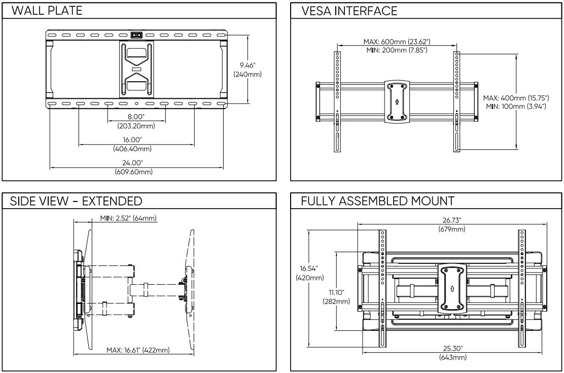 onn 100027961 50-Inch Full Motion TV Wall Mount User Guide - Dimensions